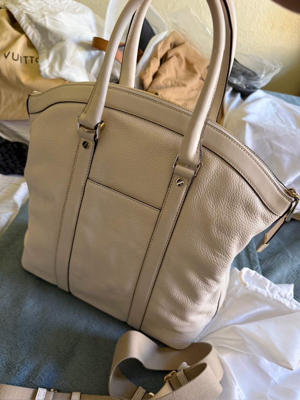 Neutral Cream Leather Tote Bag with Top Handles,brand new